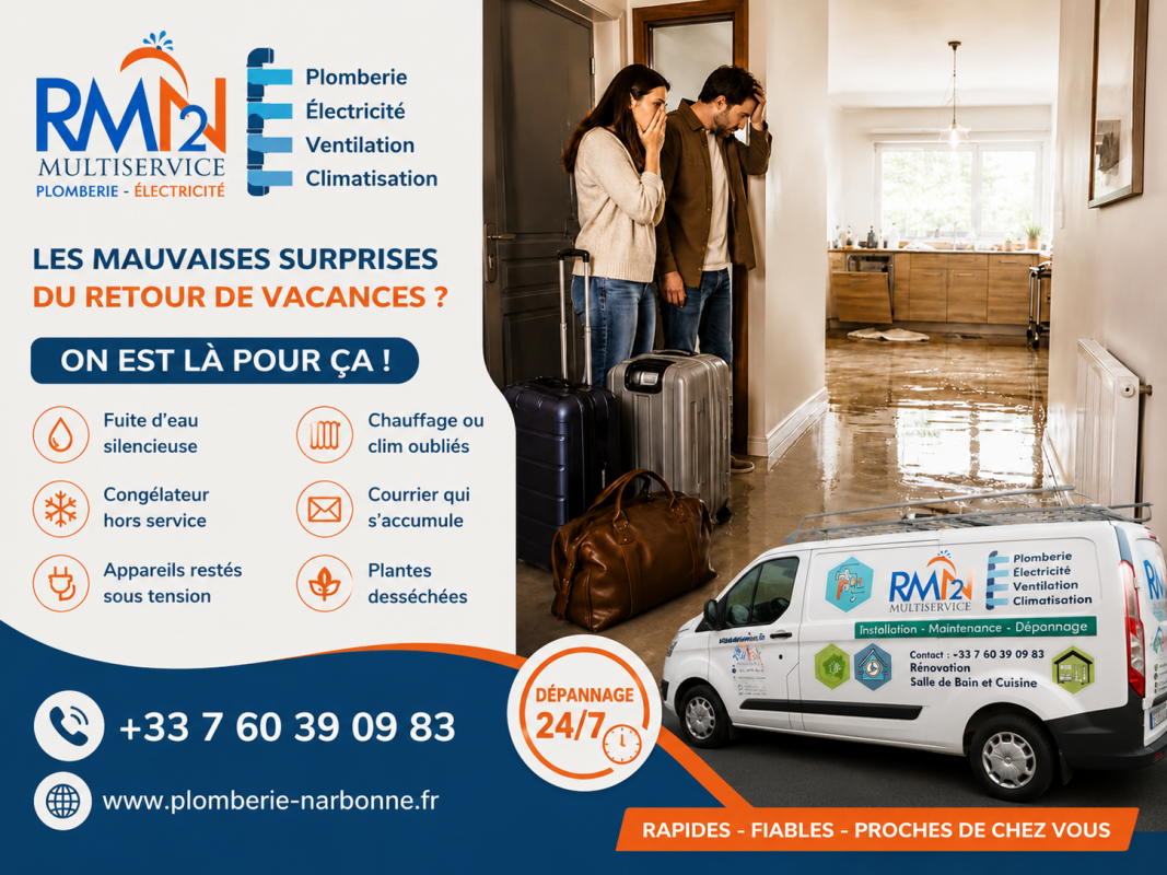 Couple découvrant une fuite d’eau dans son logement au retour des vacances avec intervention de RM2N Multiservices, spécialiste en plomberie et dépannage à Narbonne.