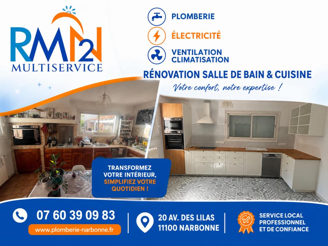 Cuisine rénovée à Narbonne par RM2N Multiservices, avec installation de plomberie, aménagement moderne et finitions soignées.